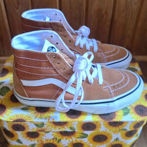 Vans Tan and White High-Top Sneakers with Signature Stripe